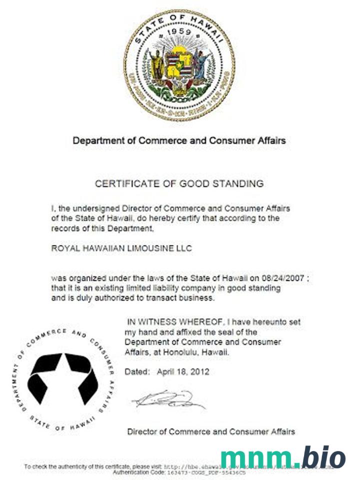 USA Hawaii vcertyfikat of good standing